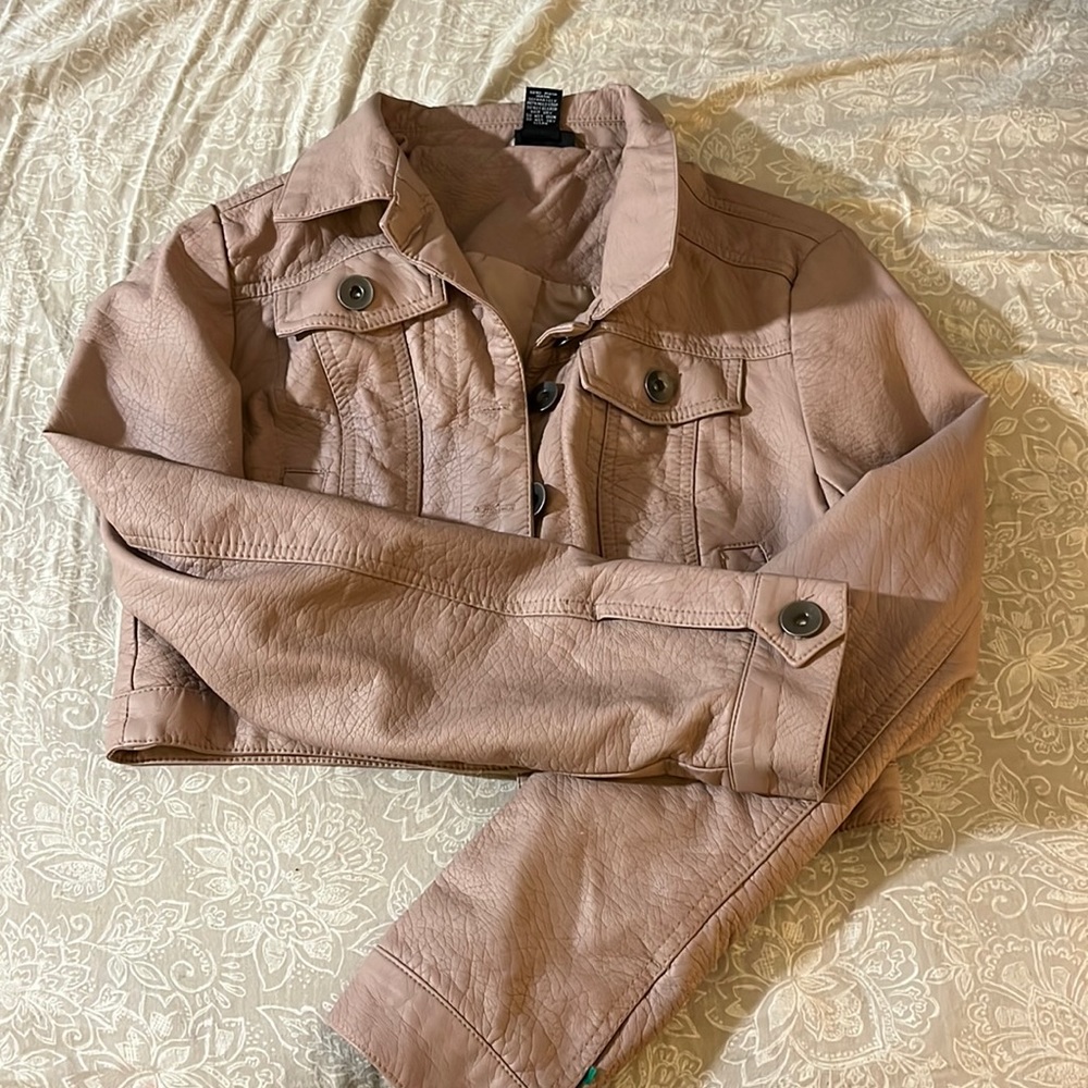 Pink Cropped Leather Jacket